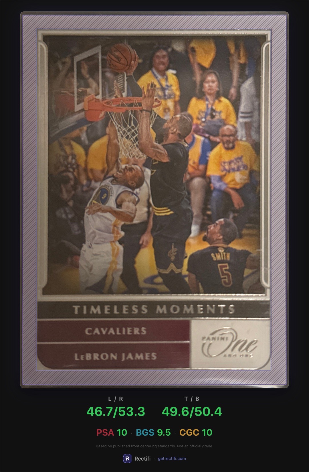 Rectifi scan of a BGS 9.5 card showing L/R at 53.3 and T/B at 50.4