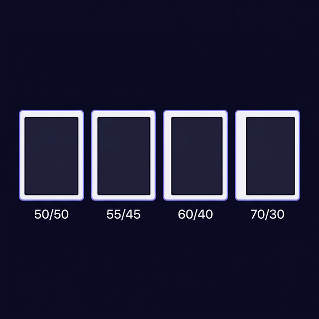 Diagram showing cards with 50/50, 55/45, 60/40, and 70/30 centering ratios
