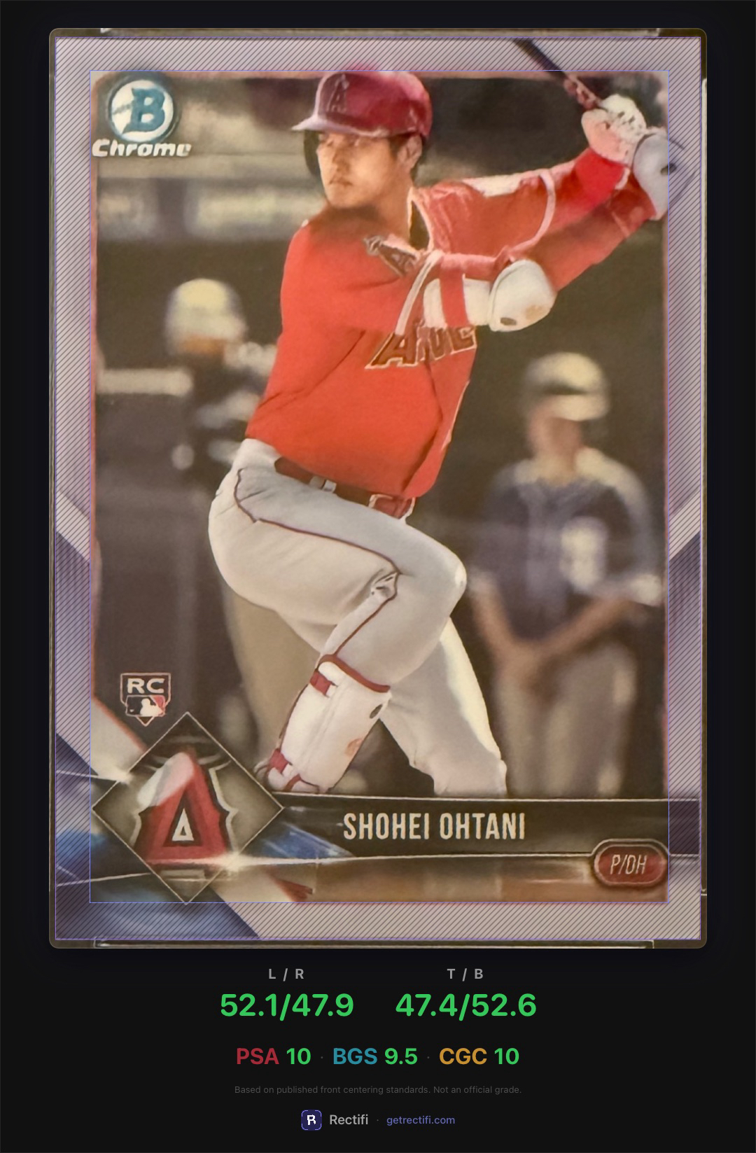 Rectifi analysis results — Ohtani Bowman Chrome with 52/48 centering, PSA 10, BGS 9.5, CGC 10